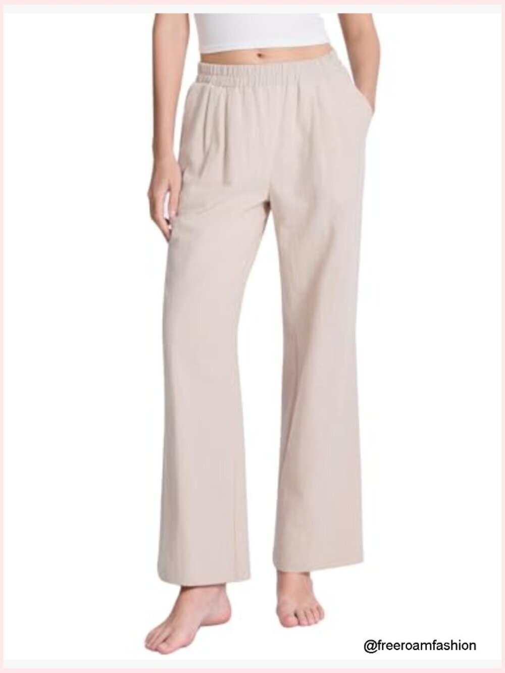 Wide Leg Linen Palazzo Pants Elastic Waist Travel Trousers with Pockets - Picture 2 of 6